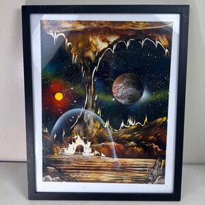 Y2K Vintage Framed Sci-Fi Outer Space Art Print Planets Stars Celestial Painting